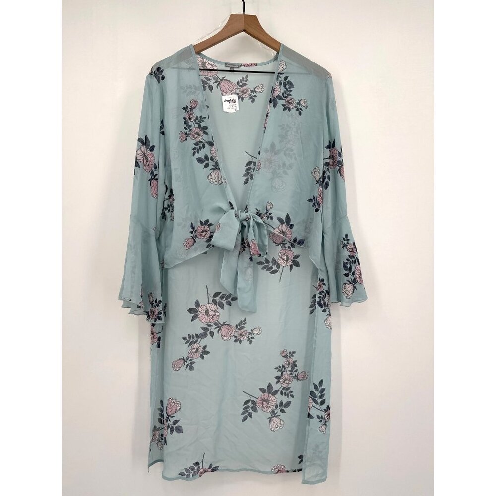 Charlotte Russe Hi-Low Cardigan Women XL Blue Floral Tie Front Bell Sleeve NWT